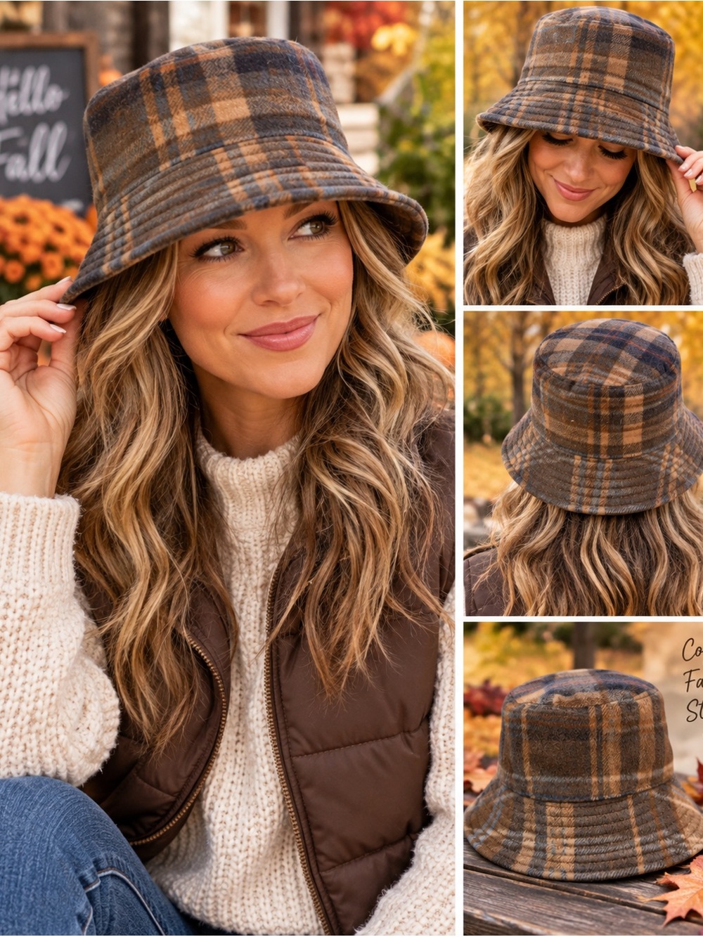 Sonoma Goods for Life Plaid Wool Blend Bucket Hat Brown Tan One Size